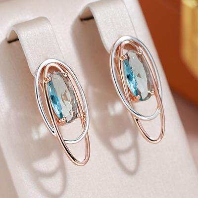 1 par de pendientes colgantes de piedra azul agua de corte ovalado para mujer, joyería personalizada, accesorios de moda de color oro rosa