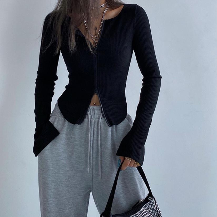 VAYLA Women T-shirt Spring Autumn Clothes Ribbed Knitted Long Sleeve Crop Tops Zipper Design Tee Sexy Female Slim Black White Tops