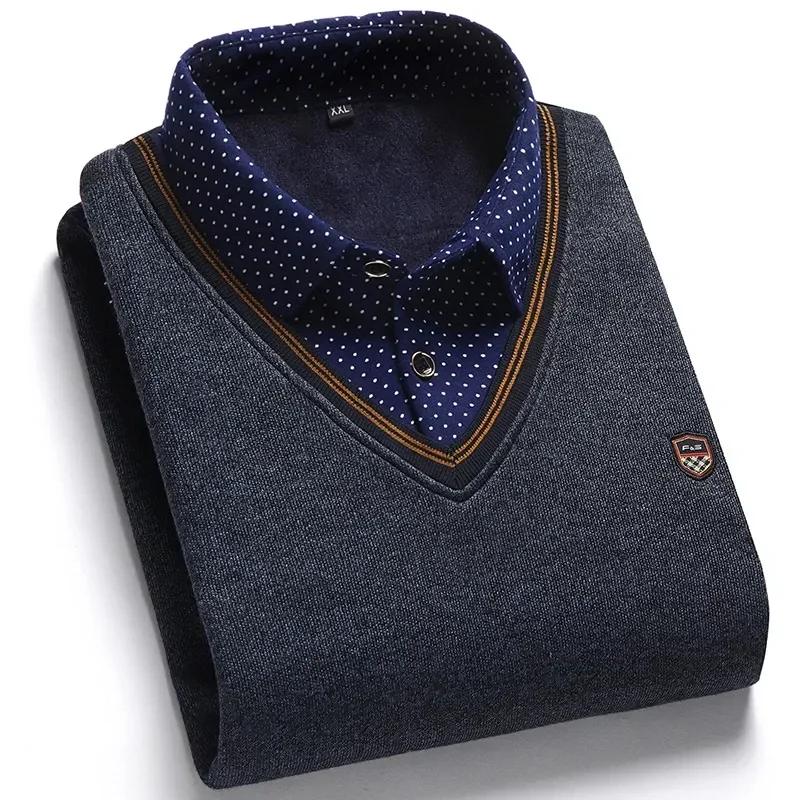 New Autumn Winter Men's Wool Shirt-Neck Sweater Fashionable Plaid Solid Thickened Warm Fleece High Quality Versatile Casual