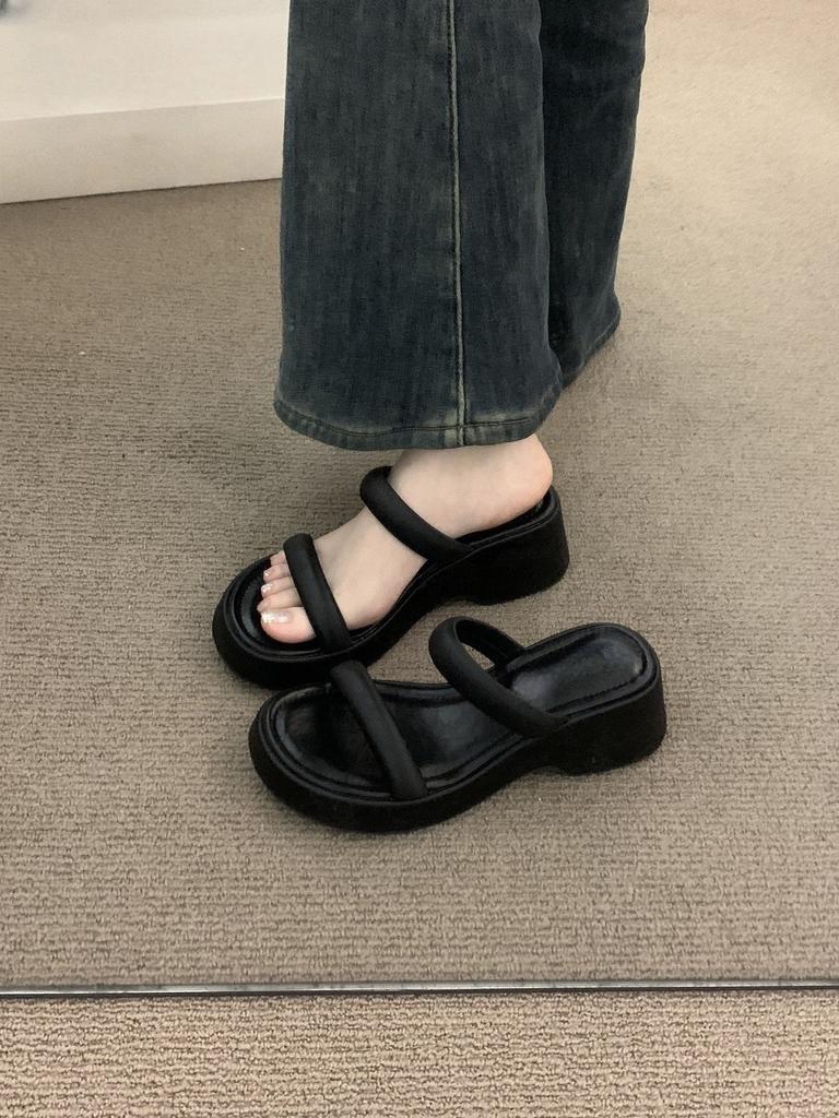 sponge cake thick-soled high-heeled black open-toed sandals for women's summer outer wear wedge heel small inner height increase with skirt cool slipp