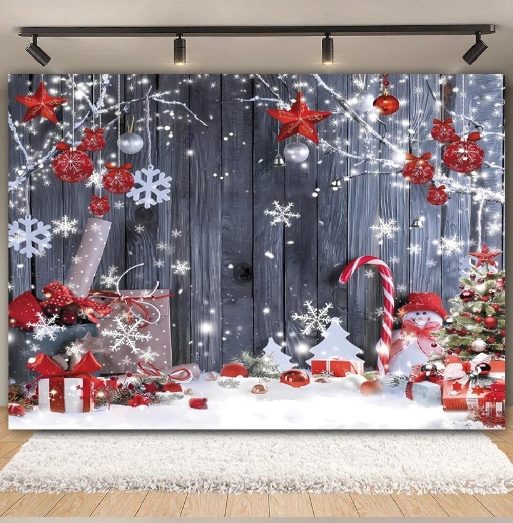Christmas Party Backdrop Wood Wall Floor Snow Xmas Tree Gifts Bells Winter Children Family Photography Background Decor Banner