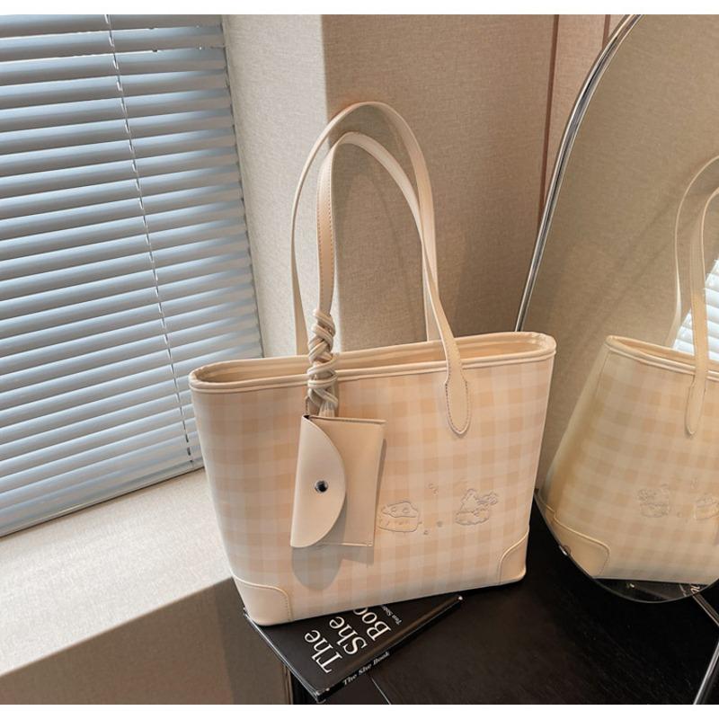 Large-capacity Bag Women's Summer Versatile New Casual Plaid Shoulder Bag Textured Commuter Tote Bag