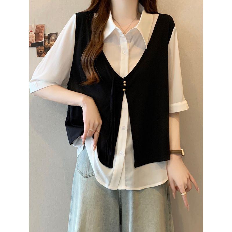 Plus size women clothing Belly Covering Fake Two Pieces Graceful Vest Shirts Female Summer Chubby Girl Slimming Shoulder Short sleeve Top
