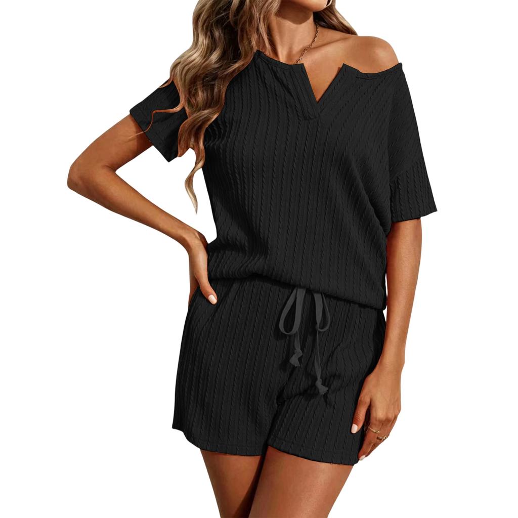 Women V Neck Short Sleeve Drawstring Shorts Set Textured Knit Loungewear Pajama Set for Home and Casual Wear