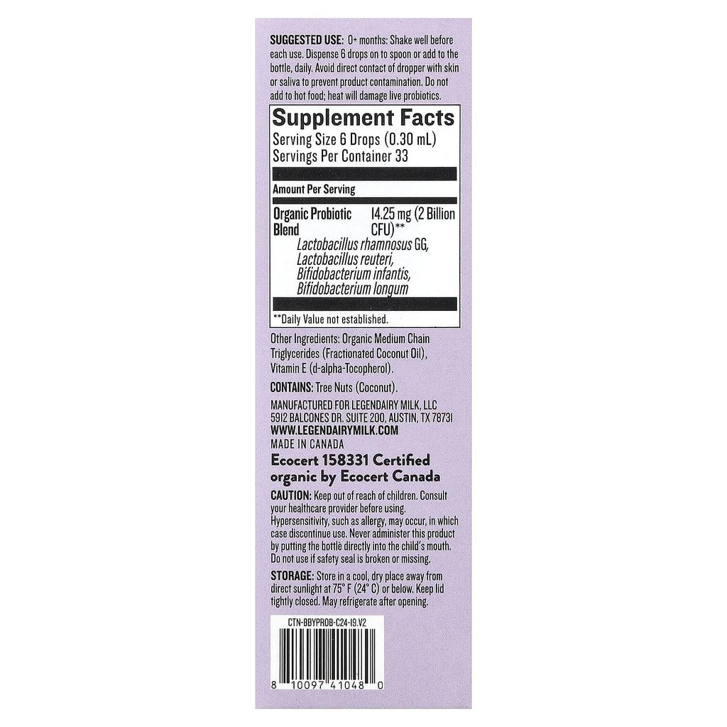 Legendairy Milk Probiotic Organic Drops, 0+ Months, 10ml (0.34 Fl Oz)