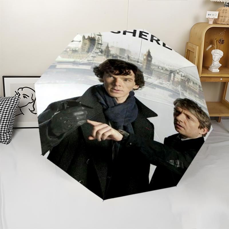 Sherlock Holmes Thema Automatischer Regenschirm, Leicht & Tragbar, 8 Speichen, Perfekt für Reisen im Freien, Geburtstage, Weihnachten, Geschenke.
