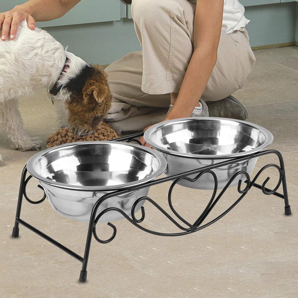 Pet Bowl, Stainless Steel Double Cat Dog Waterer Bowls Elevated Dog Feeder Pet Food Water Bowls with Retro Iron Stand Double Diner Feeder Bowls