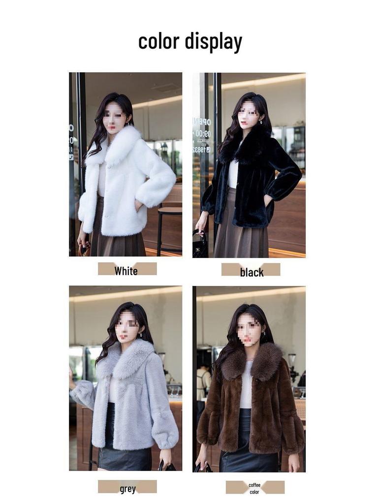 Women's Fashion Faux Mink Fur Coat with Large Collar and Velvet Detailing