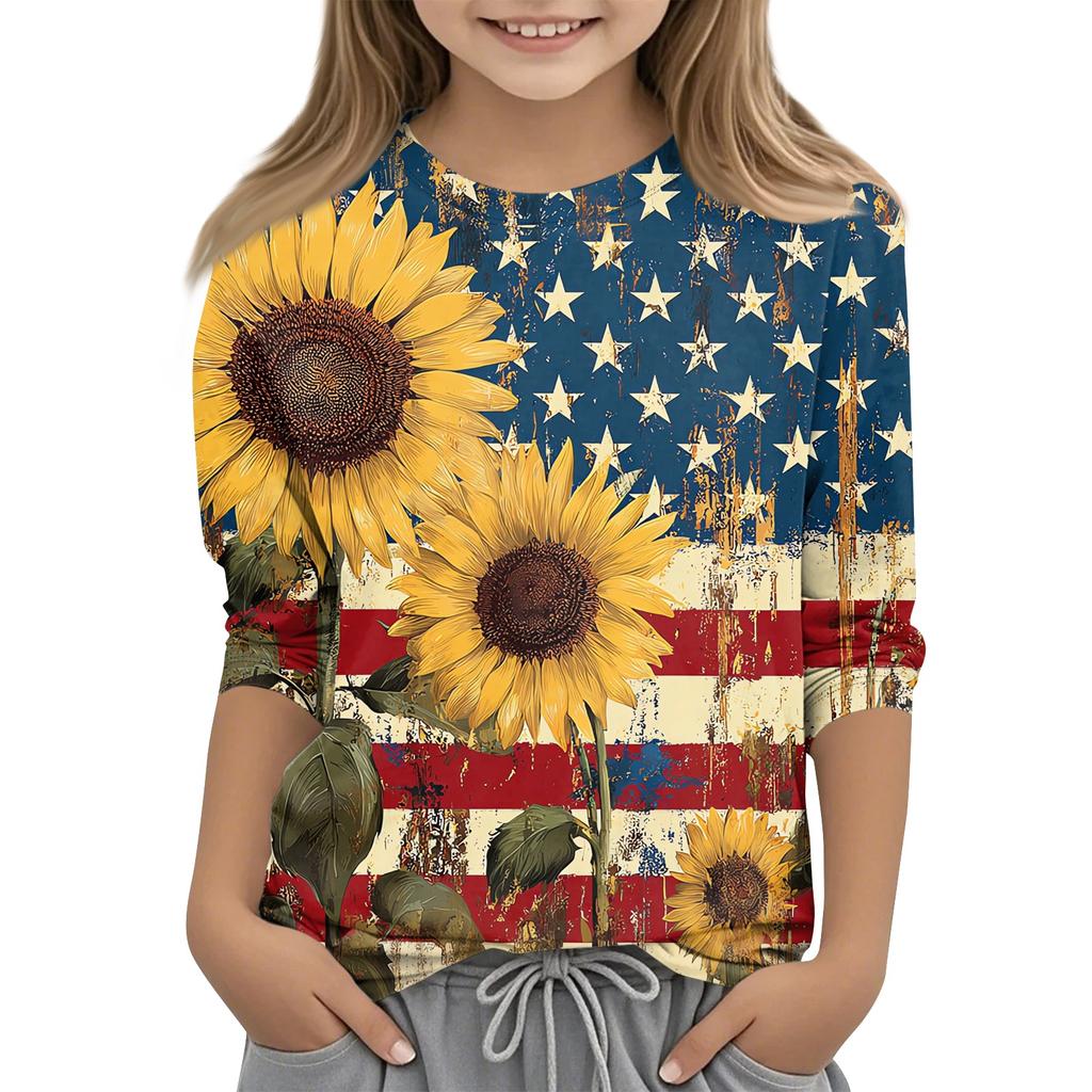 Kinder 3/4 Ärmel Tops Casual Print T Shirt Rundhals Pullover Bluse