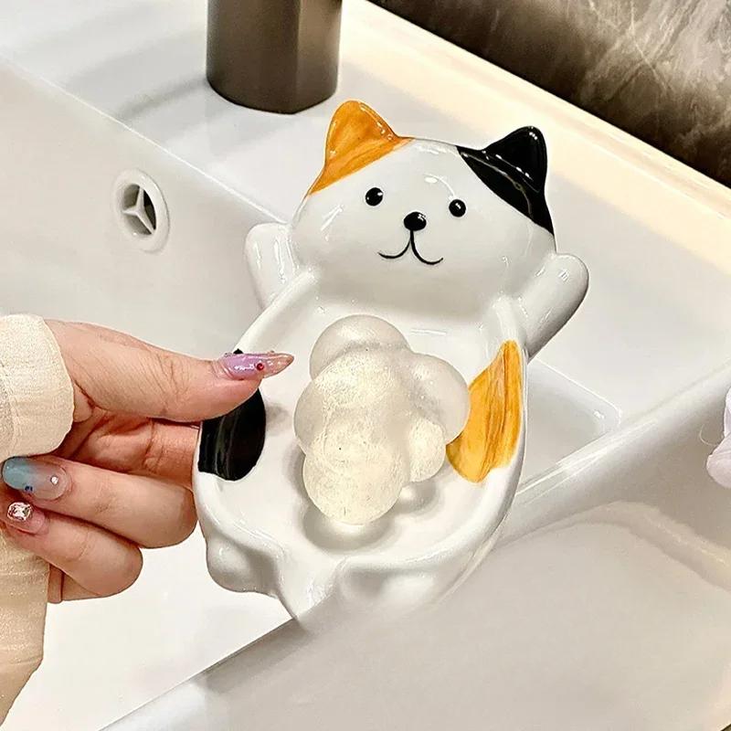 Cute Cartoon Cat Jewelry Tray Creative Ceramic Soap Drain Rack Fun Bathroom Decoration Space Saving Soap Box Home Decorations