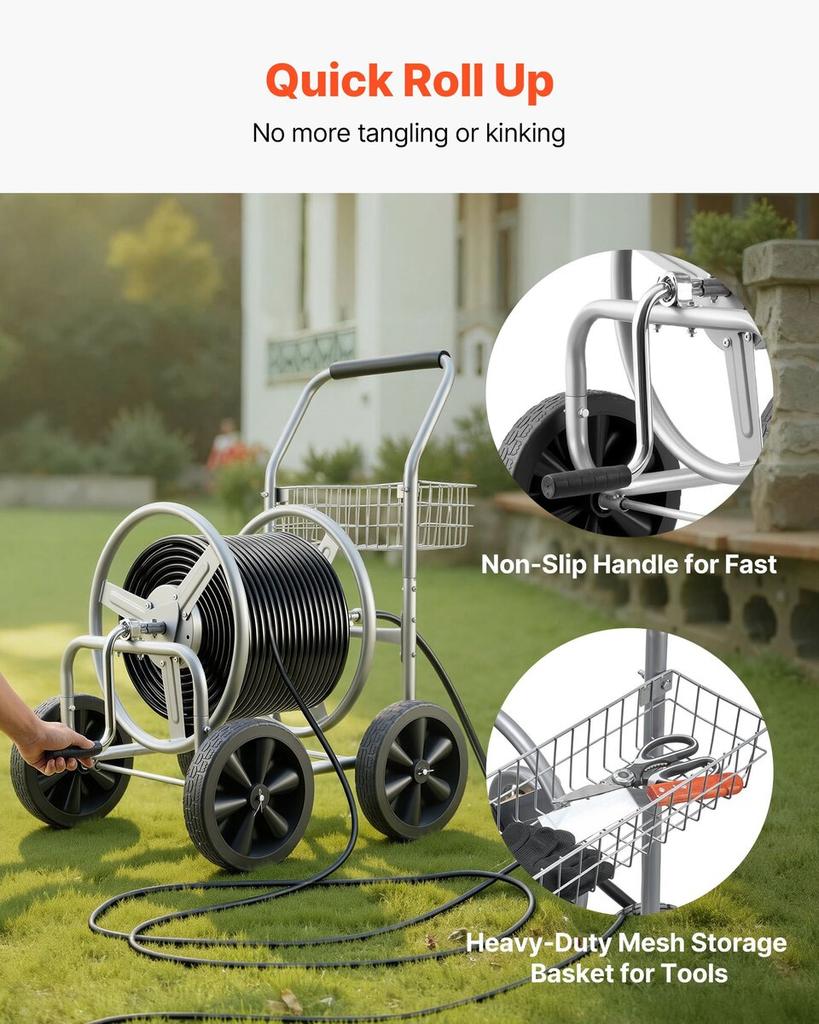 Hose Reel Cart, Hold Up to 300 ft of 5/8’’ Hose, Garden Water Hose Carts Mobile Tools with 4 Wheels, Heavy Duty Powder-coated Steel Outdoor Planting