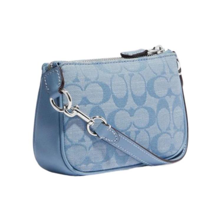Coach Nolita Jacquard Fabric , Cow Split Leather , Chambray Handbag Clutch Mini Women's Light Blue (Unisex) Clutches CI027 SVM6A