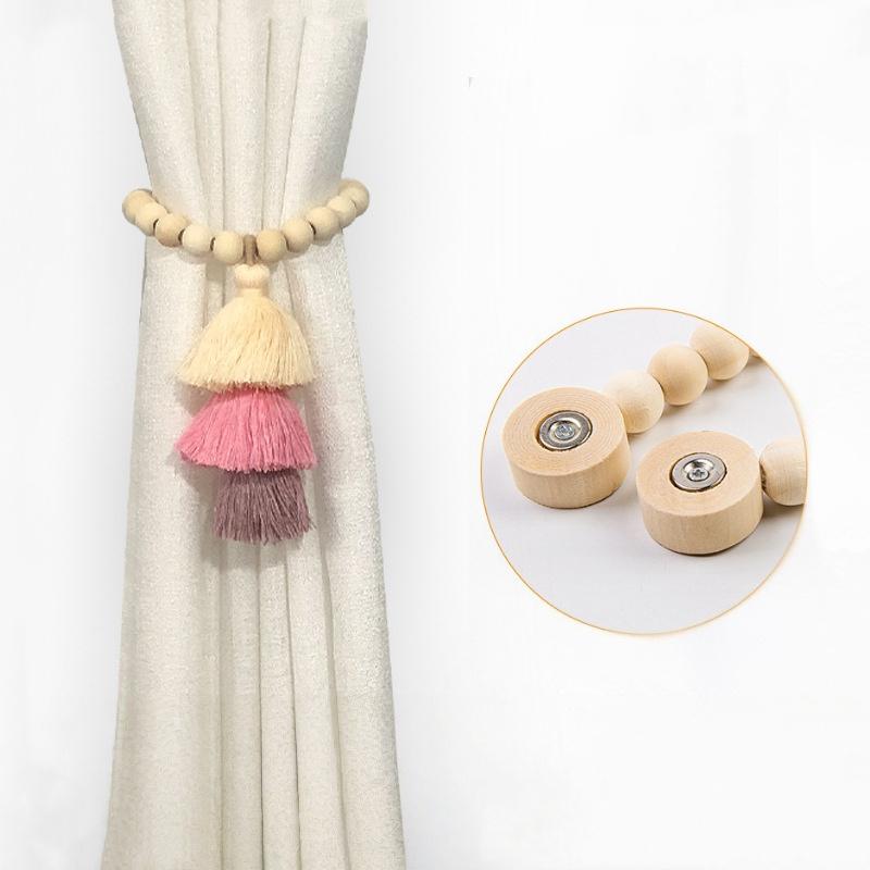 2Pcs Bohemian Curtain Clasp Wooden Bead Magnet Curtain Tie Backs With Tassel For Bedroom And Living Room Home Decoration