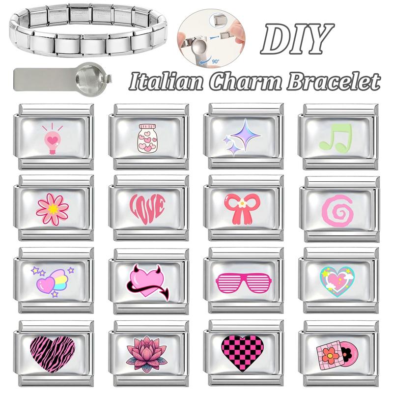 Sweet DIY Making Pink Y2K Italian Charm Bracelet Flowers Lips Bow Heart Eyes Music Bead Fit 9mm Stainless Steel Fashion Jewelry