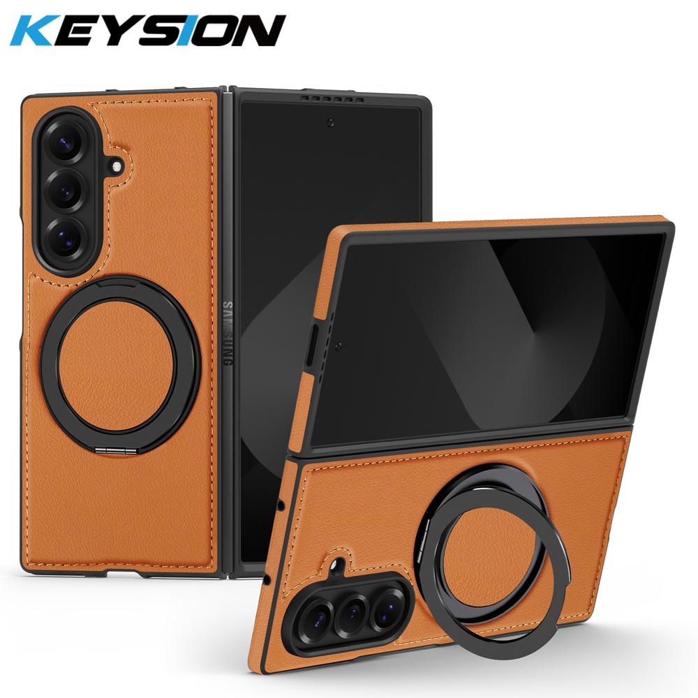 KEYSION 360° Rotating Magnetic Ring Stand PU Leather Case for MagSafe for Samsung Z Fold 7 5G Wireless Charging Phone Back Cover