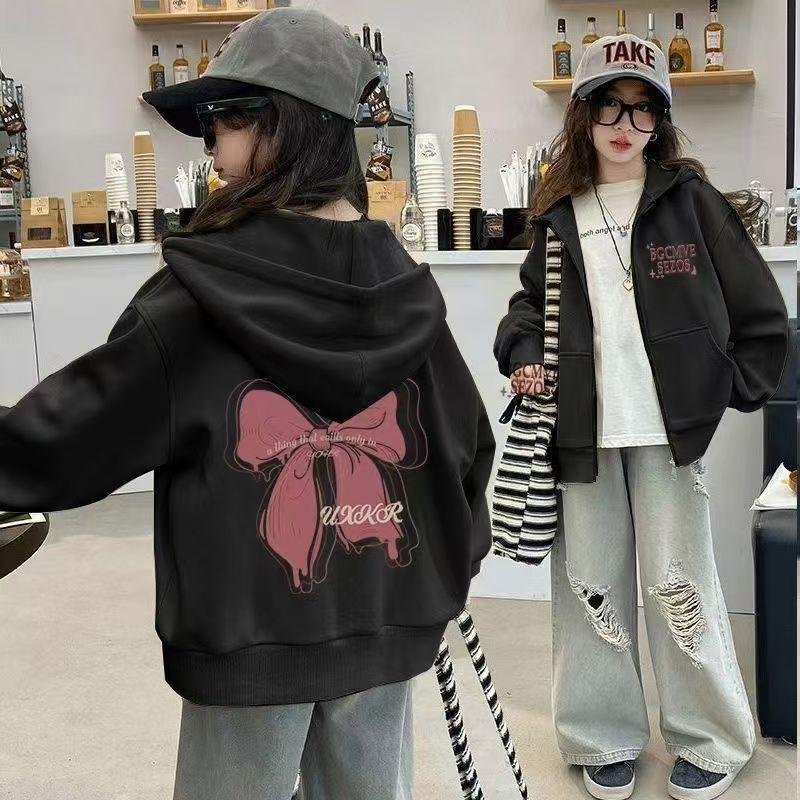 

Девочки Куртки на весну с капюшоном Детское пальто с принтом бантика 2025 Детская осенняя модная верхняя одежда Подростковые толстовки с длинным рукавом 150