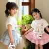 2025 Korean Summer Cute Cat Print Short Sleeve Plaid Skirt Set