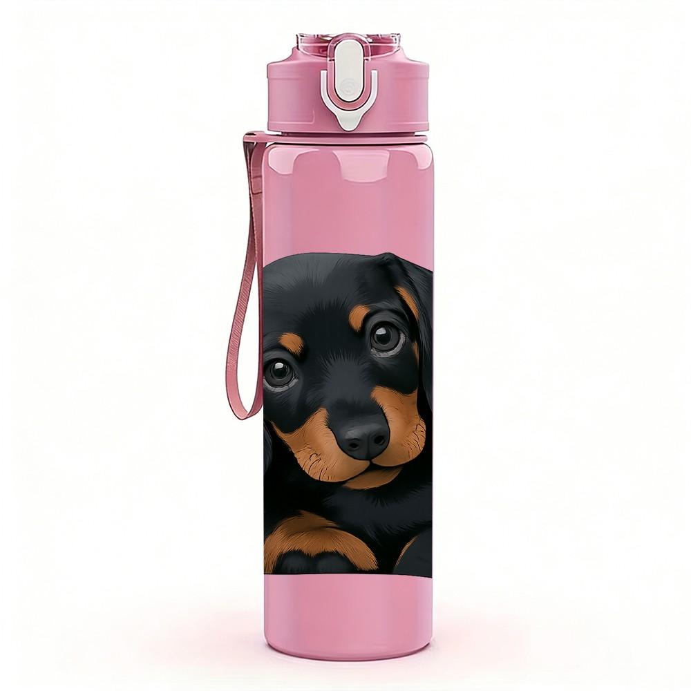1PC Black Rottweiler Dog Head Print 750ml Color Plastic Sports Water Bottle Leakproof Flip Straw Lid Suitable for Sports Office Home Use