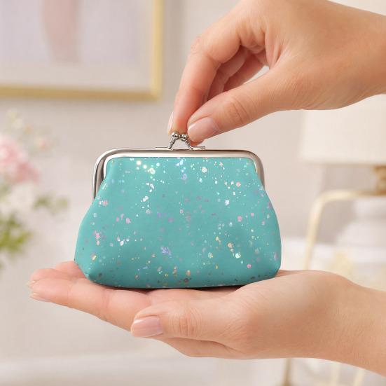 Women's Small Coin Purse, Vintage Kiss Lock Faux Leather Change Purse, Cute Lipstick Jewelry Storage Case, Sparkling Sequins Mini Shiny Wallet