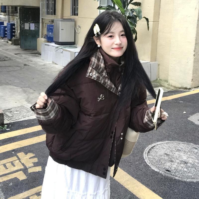 

New splicing plaid fake two-piece cotton clothes women s winter small thickened warm bread clothes jacket XL темно-коричневого