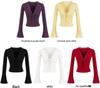Women's Long Sleeve Lace Trim V-Neck Bell Sleeve Slim Fit Top for Autumn/Winter