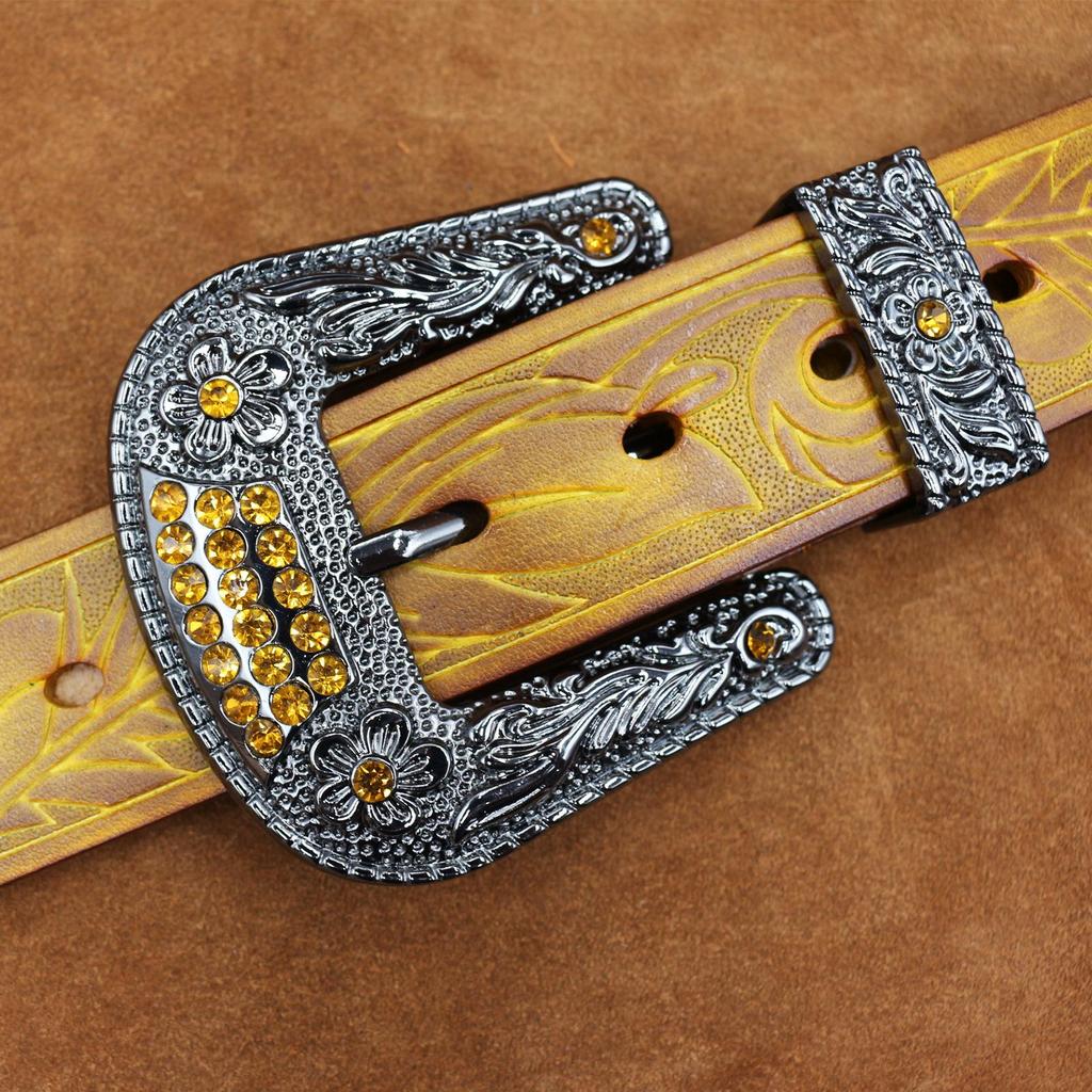 Unisex Distressed Retro Cowhide Leather Belt with Embossed Floral Design