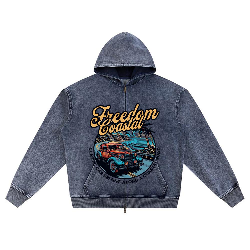

DTG print Knitted Denim Zip-Up Hoodie Freedom Coastal Brother Print Zipper Hoodies XL темно-синий