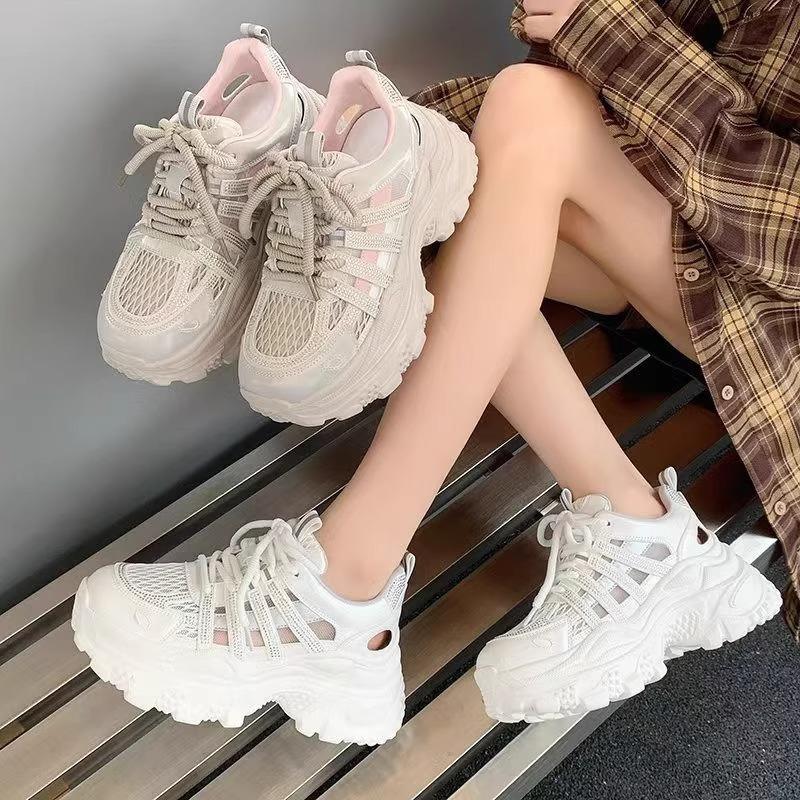 Korean Version of Rhinestone Hollow Mesh Dad Shoes Women's New Thick-soled Heightening Casual Versatile Sports Shoes In Summer 2025