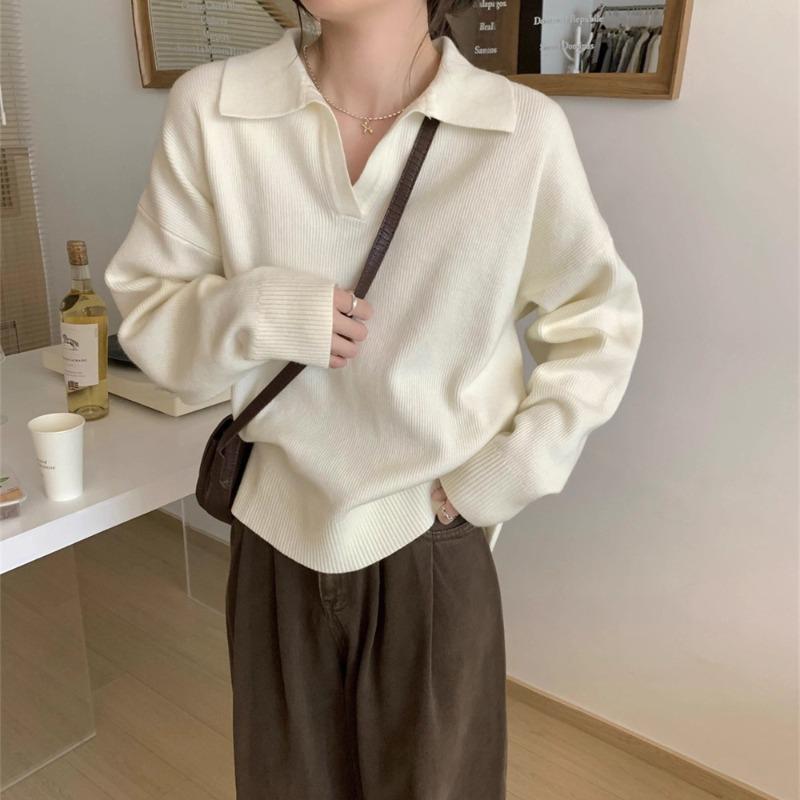 Simple polo neck sweater women's autumn and winter new lazy style casual temperament solid color lapel loose knitted sweater