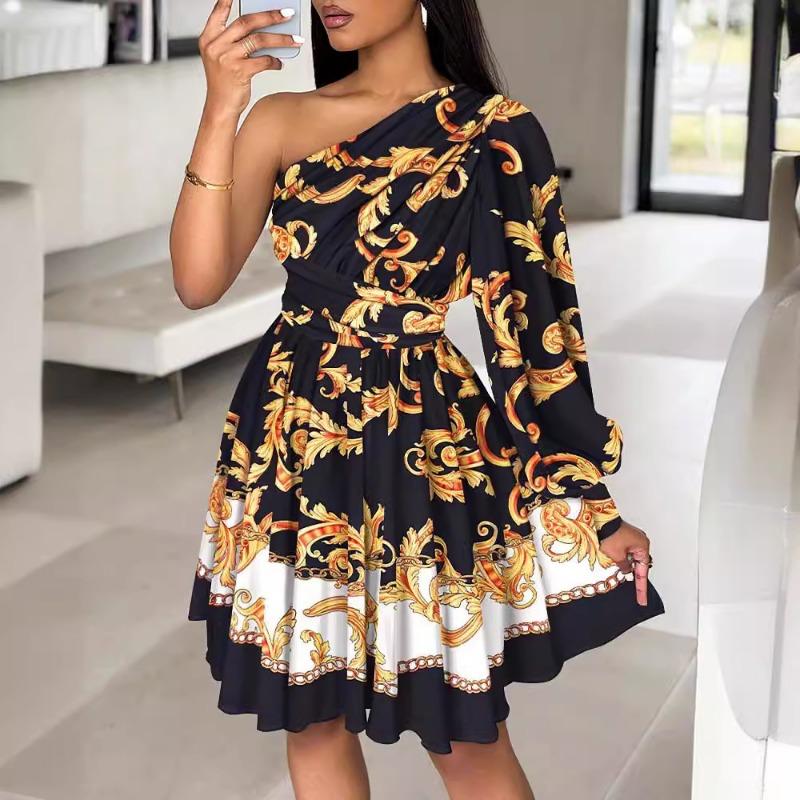 Women's Bohemian Print Diagonal Shoulder Long Sleeve Mid-skirt Dress