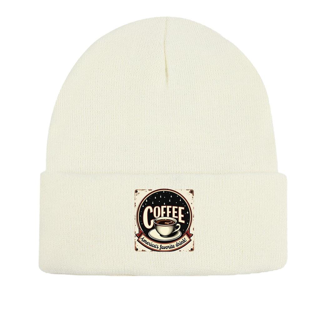 COFFEE Series Print Knitted Cap Beanie, Slouchy Leisure Knit Hat Beanie