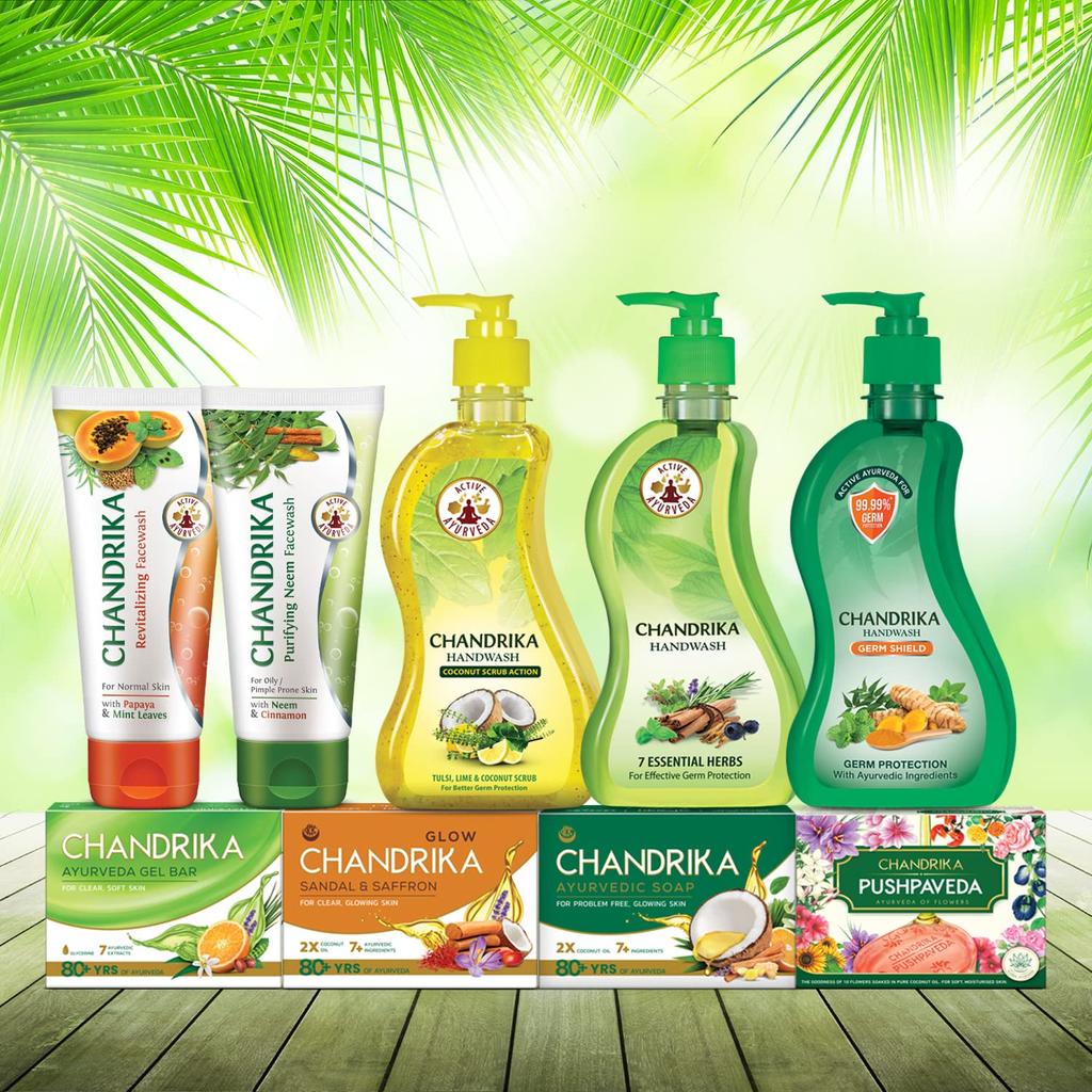 Chandrika Glycerine Ayurveda Gel Bar Soap With Jojoba Oil For Moisturized Skin | Gentle Herbal Bath Bar For All Skin Types | (125g X 6N) Pack Of 1