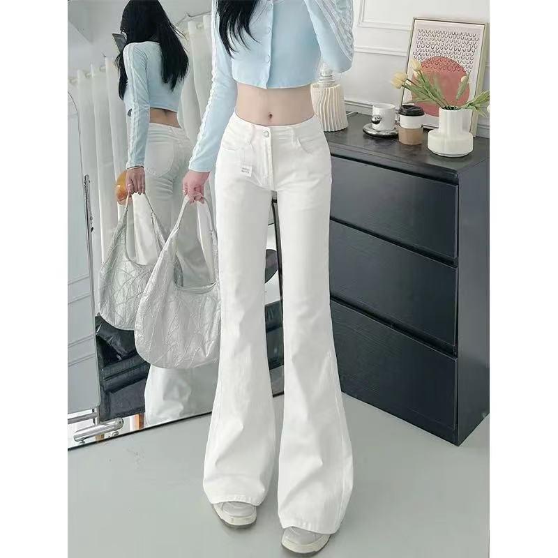 White Low-Waist Micro-Flare Wide-Leg Jeans for Women, Spring/Autumn Style, Versatile Floor-Length Trousers.