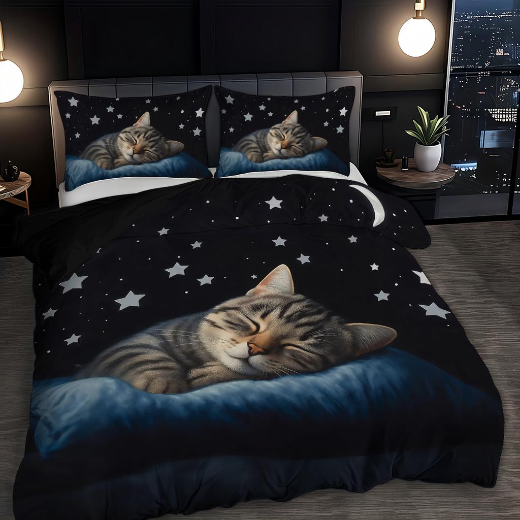 3pcs Sleeping cat pattern printed bedding set, 1*quilt cover+2*pillowcase, suitable for king bed, single bed for all seasons