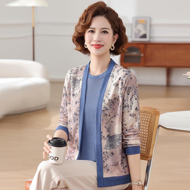 

2025 New Chinese Style Printed Knit Cardigan for Middle-Aged & Elderly Women - Spring/Autumn Loose Fit Jacket 3XL синий