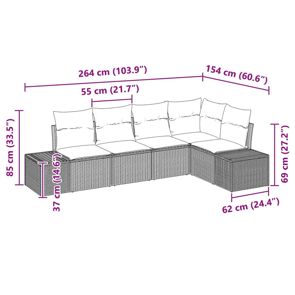 Garden Sofa Set with Cushions 5 Pcs Black Poly Rattan