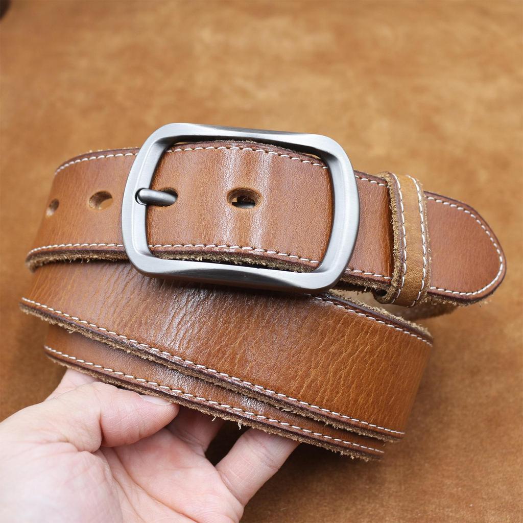 Genuine Cowhide Leather Pin Buckle Men's Belt - Retro Vegetable Tanned 