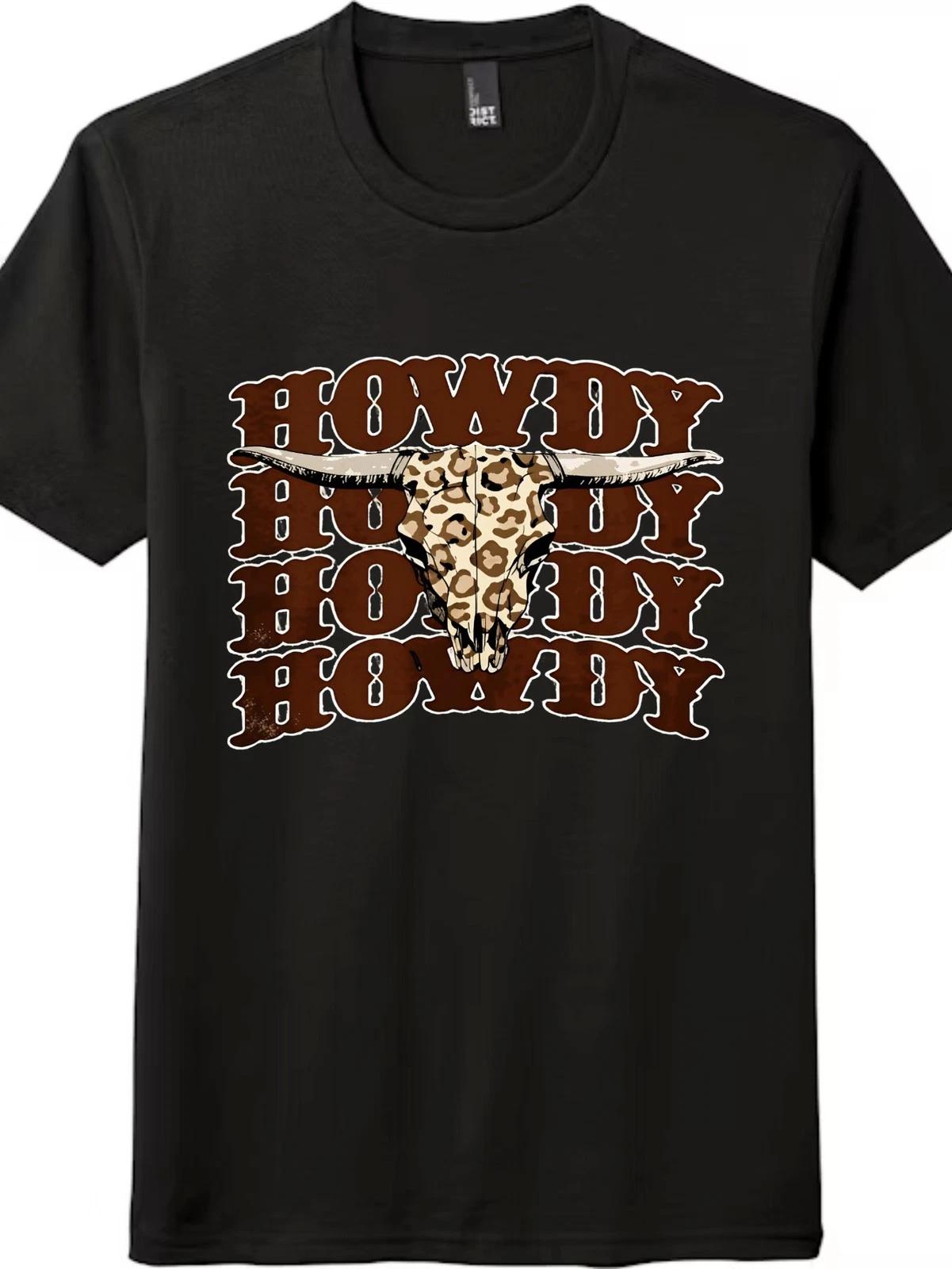 Howdy Leopard Cow Skull Western Graphic T-Shirt, Cowboy Rodeo Tee XL