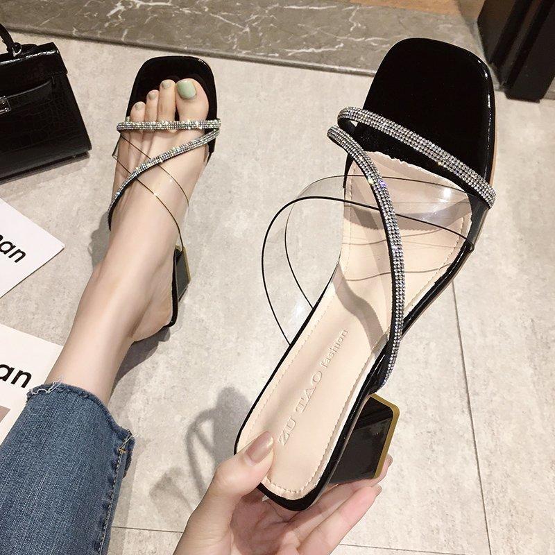 

Крутые шлепанцы на толстом каблуке, новые шлепанцы на высоком каблуке с квадратным каблуком и прозрачные шлепанцы со стразами. 36