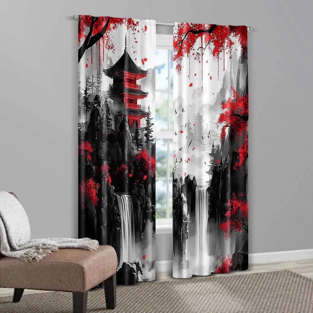 2pcs, Window Curtain print Japanese Mountain Ink Painting 100% Polyester (without rod) Art Deco Festive for Living Room &