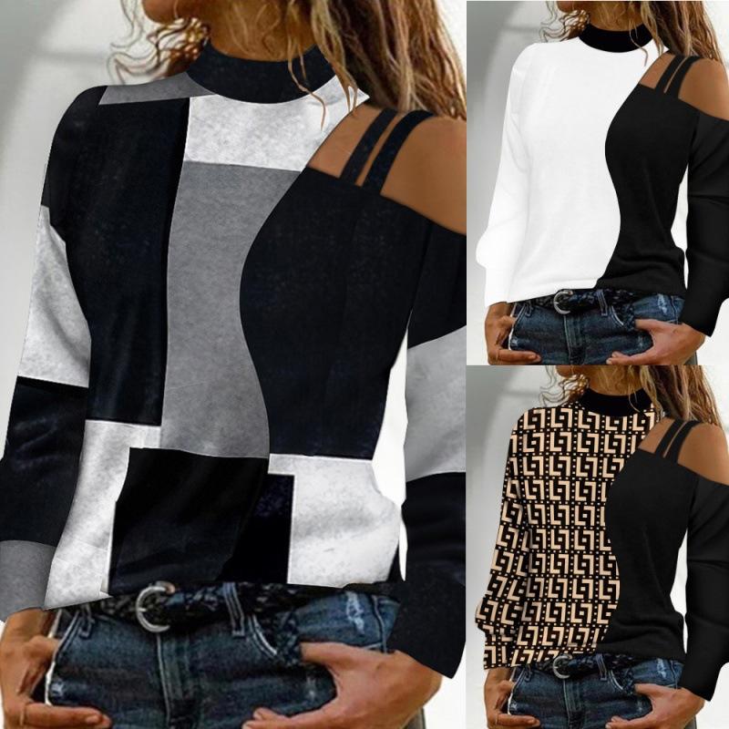 Women's Long Sleeve Off Shoulder Top Color Block Design High Neck Casual Blouse in Multi Colors