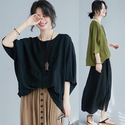 Summer 2021 Cotton Linen Batwing Sleeve Plus Size Loose Patchwork Irregular T-Shirt for Women