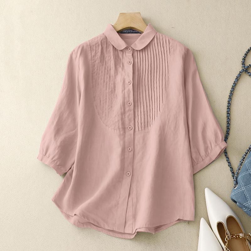 

ZANZEA Женская повседневная однотонная свободная блузка на пуговицах с коротким рукавом 4XL розовый