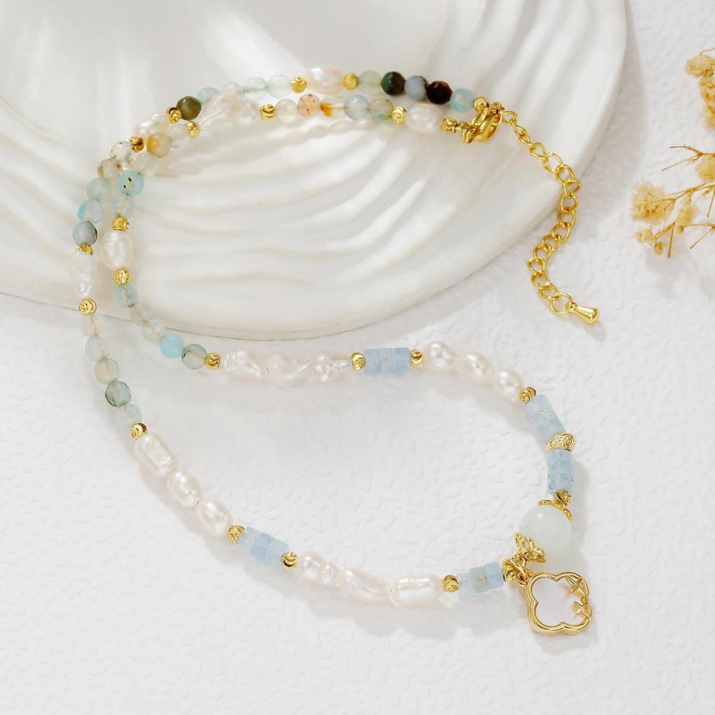 Collier Bracelet en Perles d'Aventurine Naturelle et de Perle