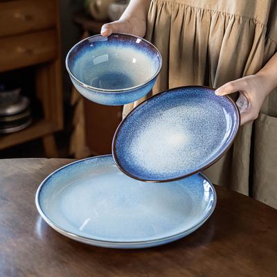 Retro Kiln Change Blue Bowl Set Ceramic Plate Dessert Plate Household Round Bowl High Value Tableware Ramen Bowl