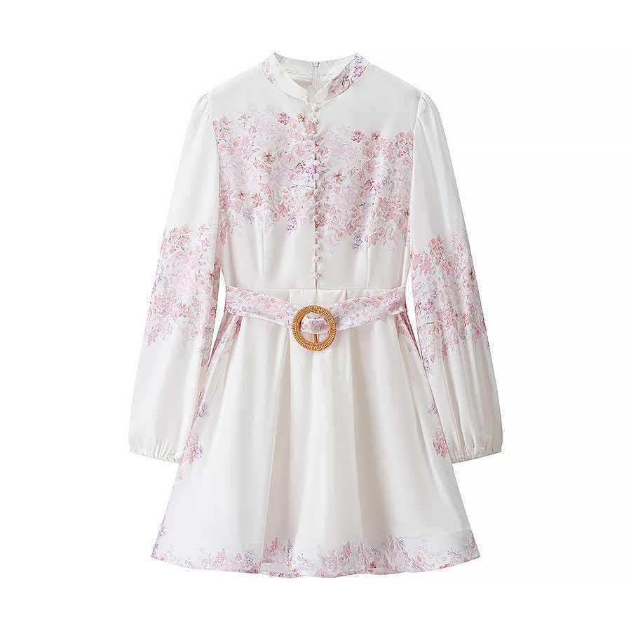 

European and American Women s Pink Floral Long-Sleeved Waist-Cinching Summer Dress Large