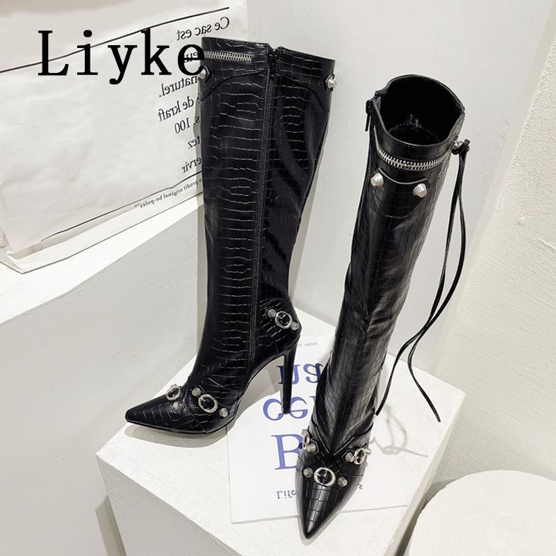 Fashion Liyke 2025 New Sexy Pointed Toe Knee High Boots Women Pole Dance Stiletto Heels Pumps Fashion Tassel Zip Rivet Winter Long Shoes