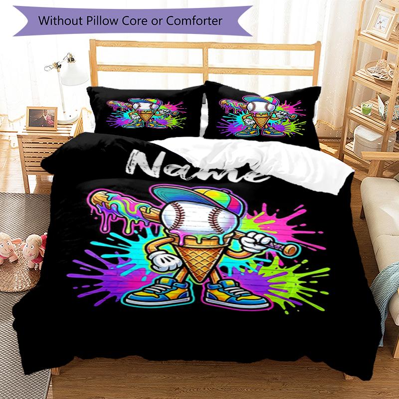 3pcs Custom Name Baseball Bedding Set Duvet Cover Closure Includes 1 Duvet Cover & 2 Pillowcases, Soft and Comfortable for All Seasons.