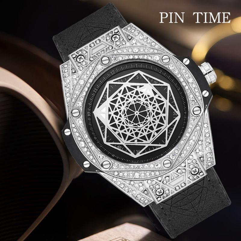 

PINTIME New Fashion Full Diamond Watch Men's Звездные шипованные мужчины's Часы
