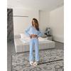 Women Comfortable Breathable Knitted Cropped Long Sleeve Long Pants Two Piece Sleepwear Loungewear